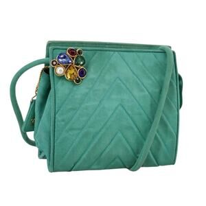 CHANEL V Stitch Shoulder Bag Nylon Green Gold CC